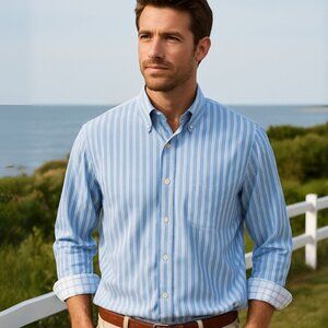 J. McLaughlin Blue and White Stripe Supima Cotton Button Down Shirt, Size XL